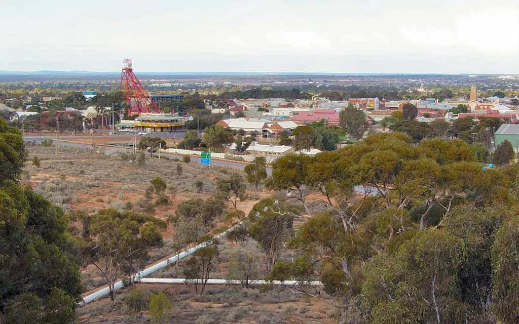Elevated view across Kalgoorlie township and surrounding Goldfields landscape